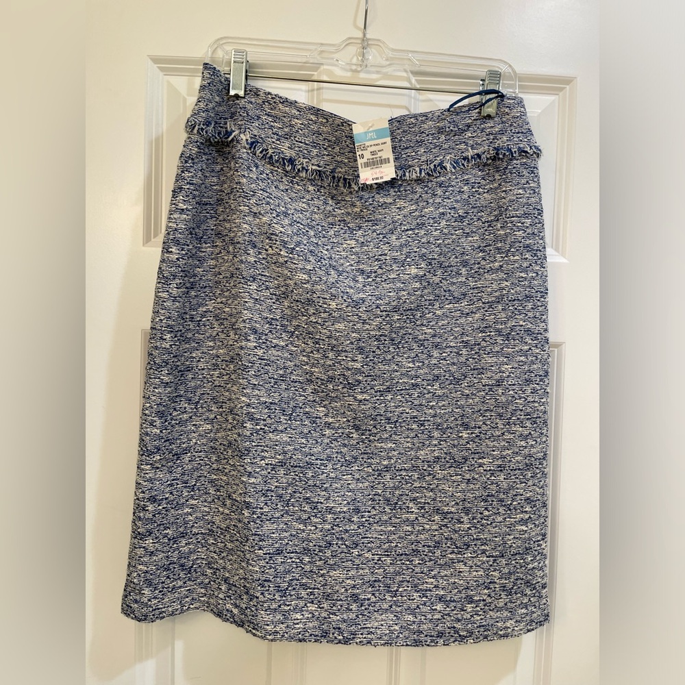 J. McLaughlin pencil skirt with Fringe white/ navy tweed size 10 NWT